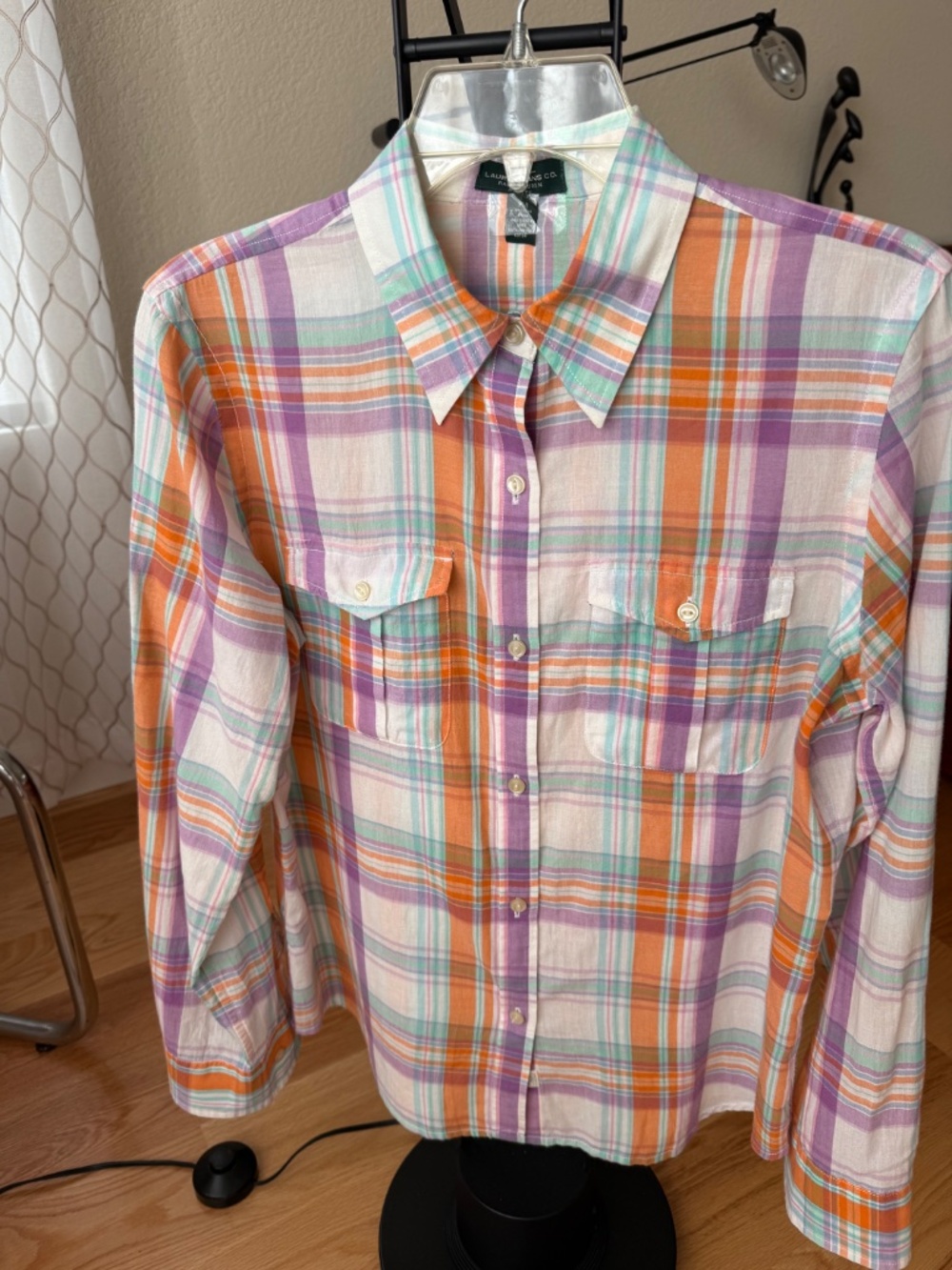 LRL Lauren Jeans Co. Women's plaid shirt long sleeve front pockets SZ PM